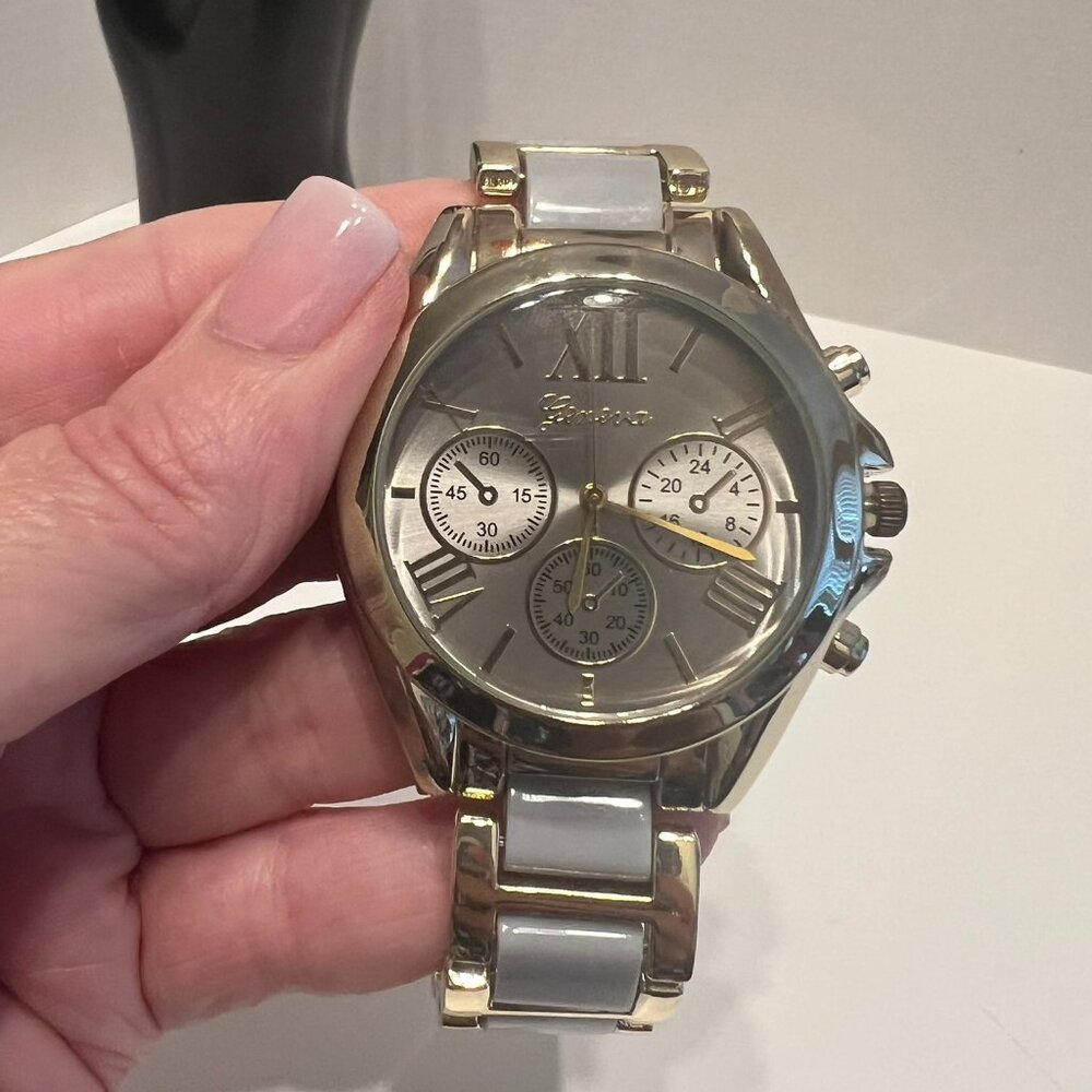 GENEVA Women’s Gold & Gray Ceramic Chronograph Watch (BRAND-NEW & Beautiful!)